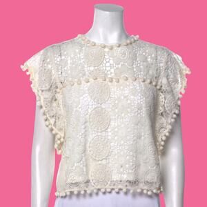 TULAROSA Boho Crochet Crop Top Blouse Shirt Cottage Fairy Cotton Off-White Cream
